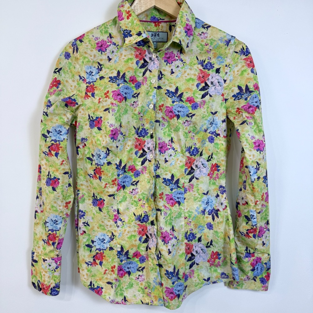 Hawes & Curtis Fitted Floral Button Up Shirt US 8 UK 12 Yellow Multi Cottagecore